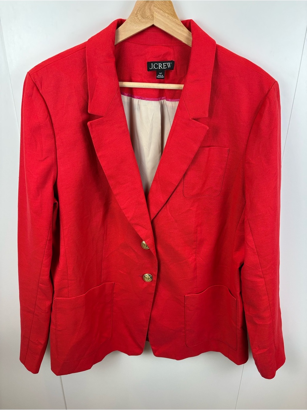 J. Crew Rhodes Women’s Blazer Tomato Red 16 TALL Gold Buttons Linen Blend Jacket